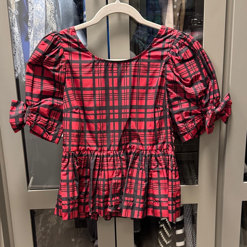 LoveShackFancy Red Plaid Puff Sleeve Top